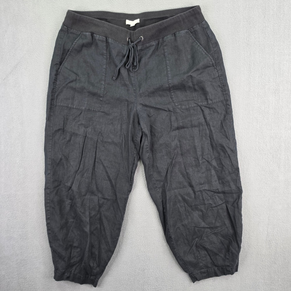 Eileen Fisher Pants Crop Jogger Black Medium Organic Linen Cotton Knit Waistband